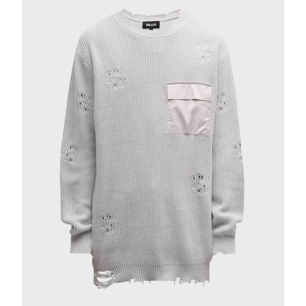 SER.O.YA Distressed Cotton Rib Knit Sweater White XXS‎ Crew Neck Pocket Detail